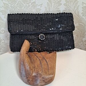 Norell Black Sequin Clutch Rhinestone Accent Button